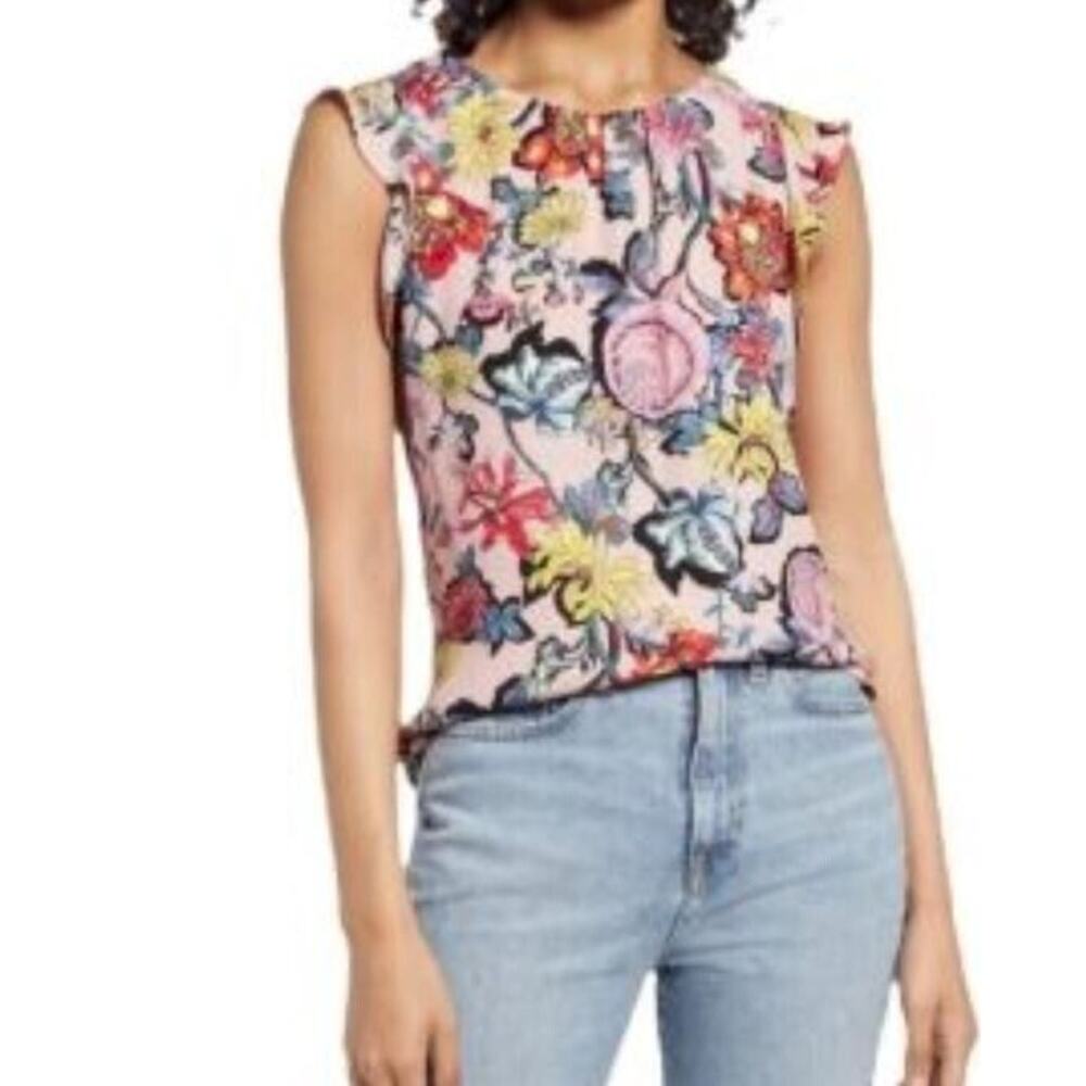 Halogen Women's Ruffle Short Sleeve Top in Pink Puff Chintz 2X MSRP $49